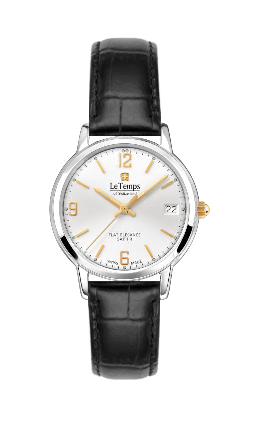 Flat Elegance Lady Damenuhr mit schwarzem Lederarmband – Saphirglas