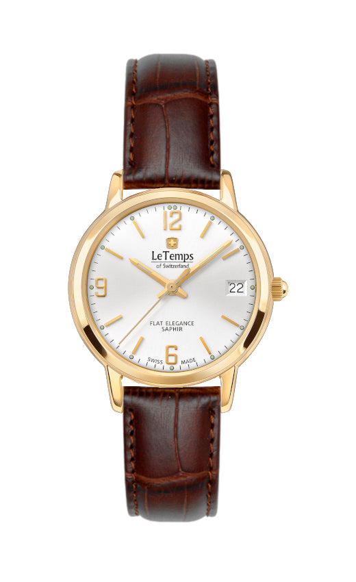 Flat Elegance Lady Damenuhr mit braunem Lederarmband – Saphirglas