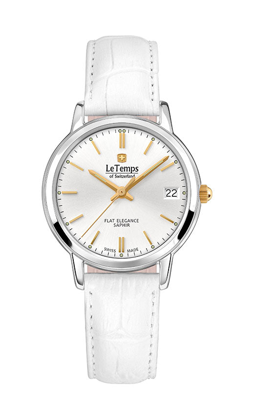 Flat Elegance Lady Damenuhr mit weißem Lederarmband – Saphirglas