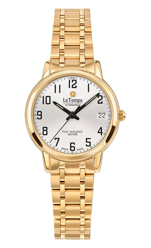 Flat Elegance Lady Damenuhr mit vergoldetem Edelstahlarmband – Saphirglas