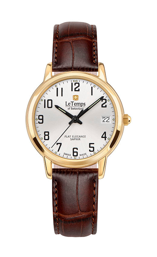 Flat Elegance Lady Damenuhr mit braunem Lederarmband – Saphirglas