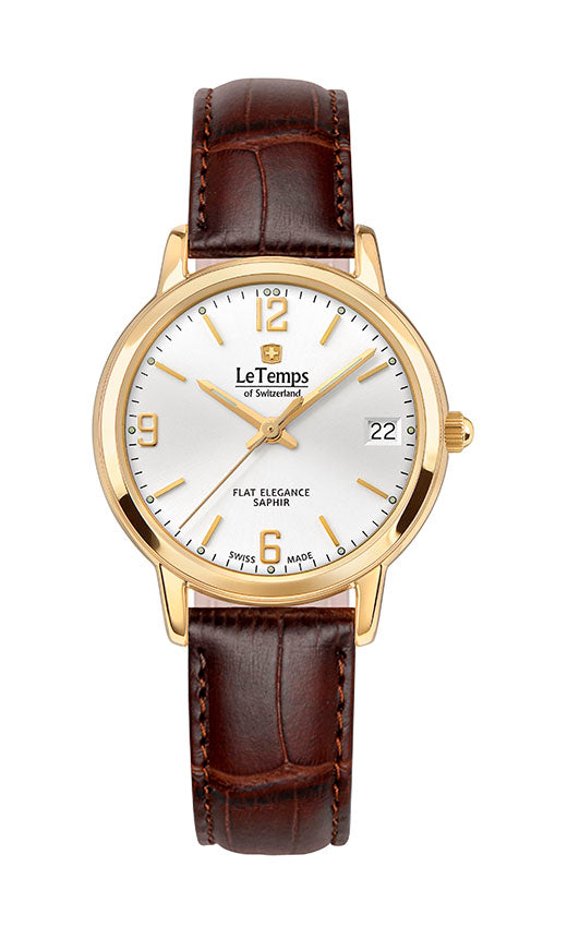 Flat Elegance Lady Damenuhr mit braunem Lederarmband – Saphirglas