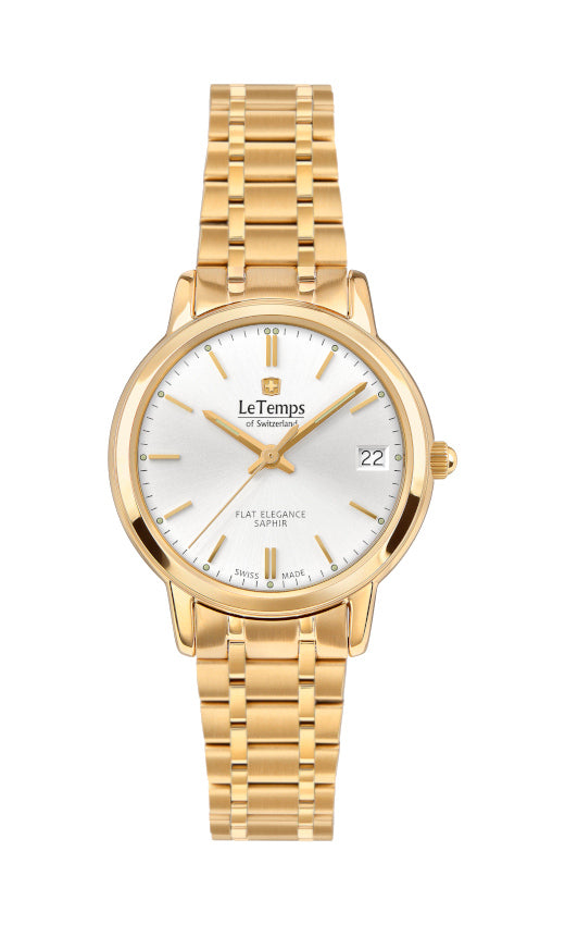 Flat Elegance Lady Damenuhr mit vergoldetem Edelstahlarmband – Saphirglas