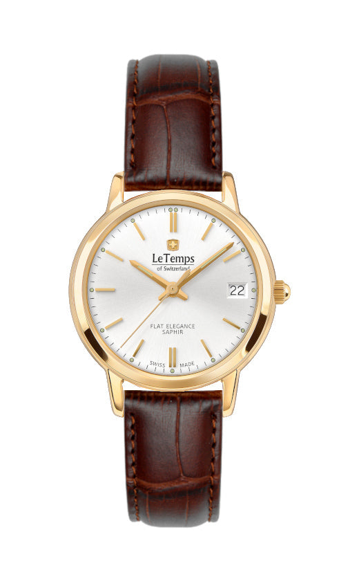 Flat Elegance Lady Damenuhr mit braunem Lederarmband – Saphirglas