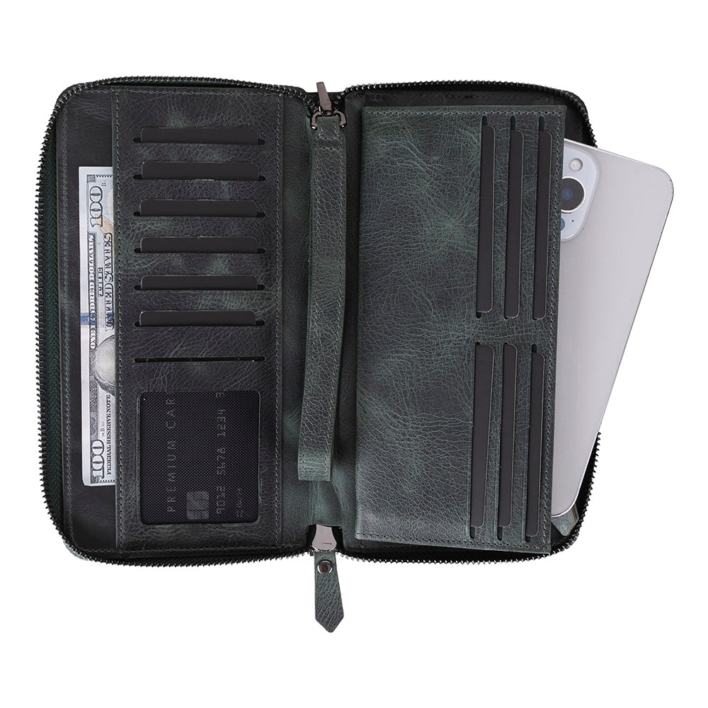 Aristo – Leder Geldbörse mit Handyfach (12 Kartenfaecher, Magnetisch, Handgelenksschlaufe)