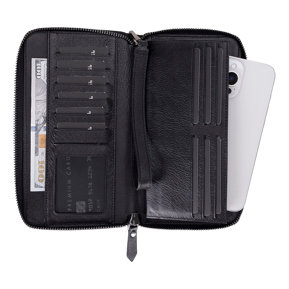 Aristo – Leder Geldbörse mit Handyfach (12 Kartenfaecher, Magnetisch, Handgelenksschlaufe)