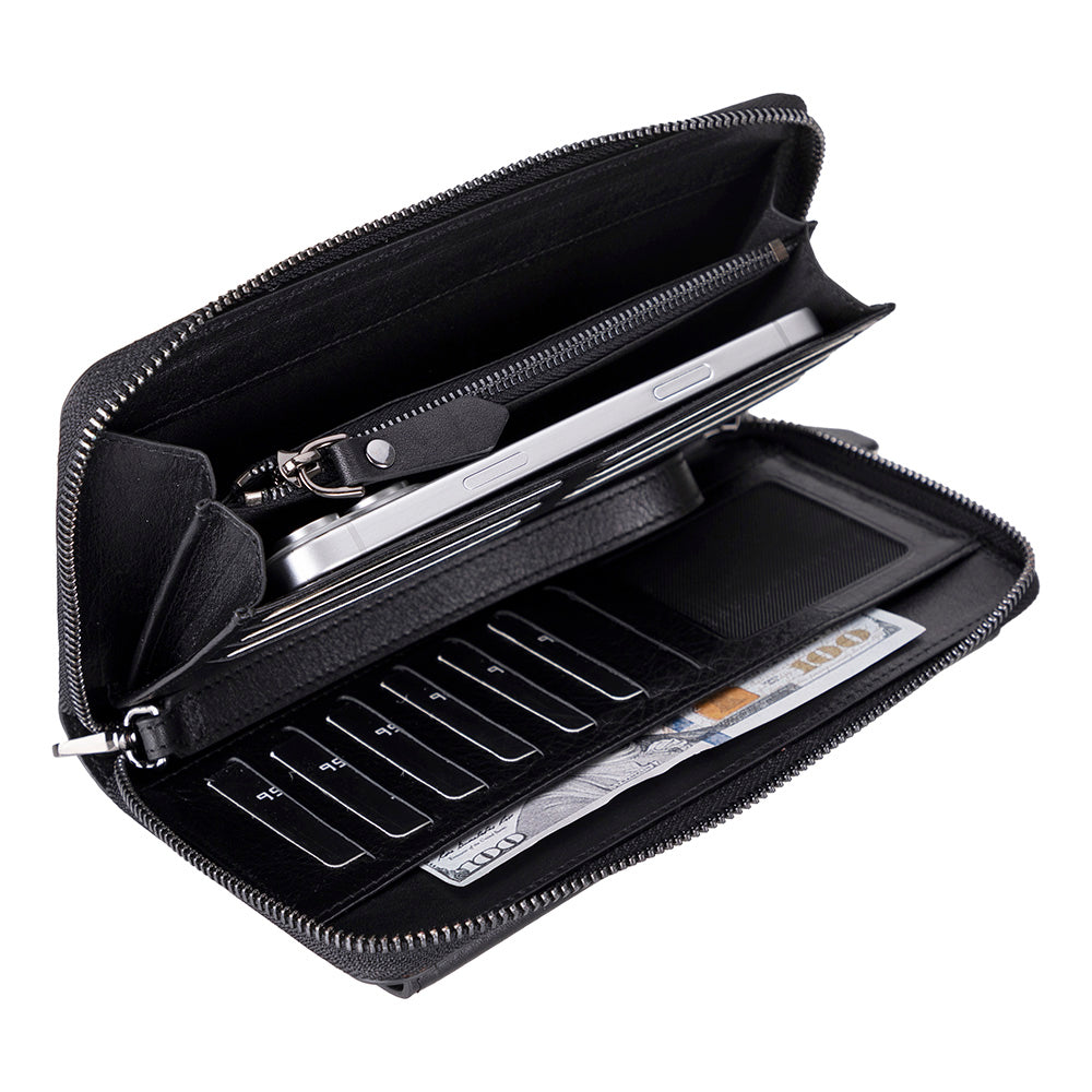 Aristo – Leder Geldbörse mit Handyfach (12 Kartenfaecher, Magnetisch, Handgelenksschlaufe)