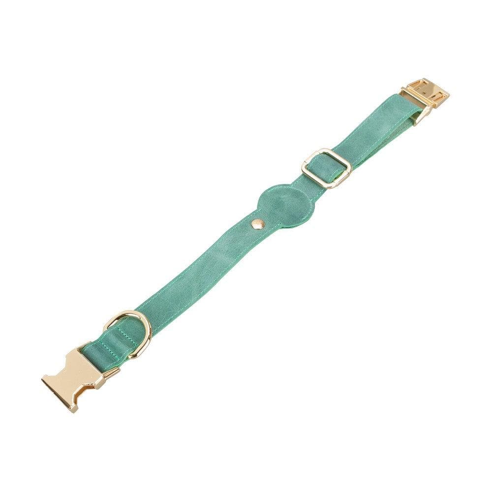 Gerçek Deriden El Yapımı Köpek Tasması, Apple AirTag Uyumlu Yuva, 50cm Ayarlanabilir Ölçü Antic Green Bouletta