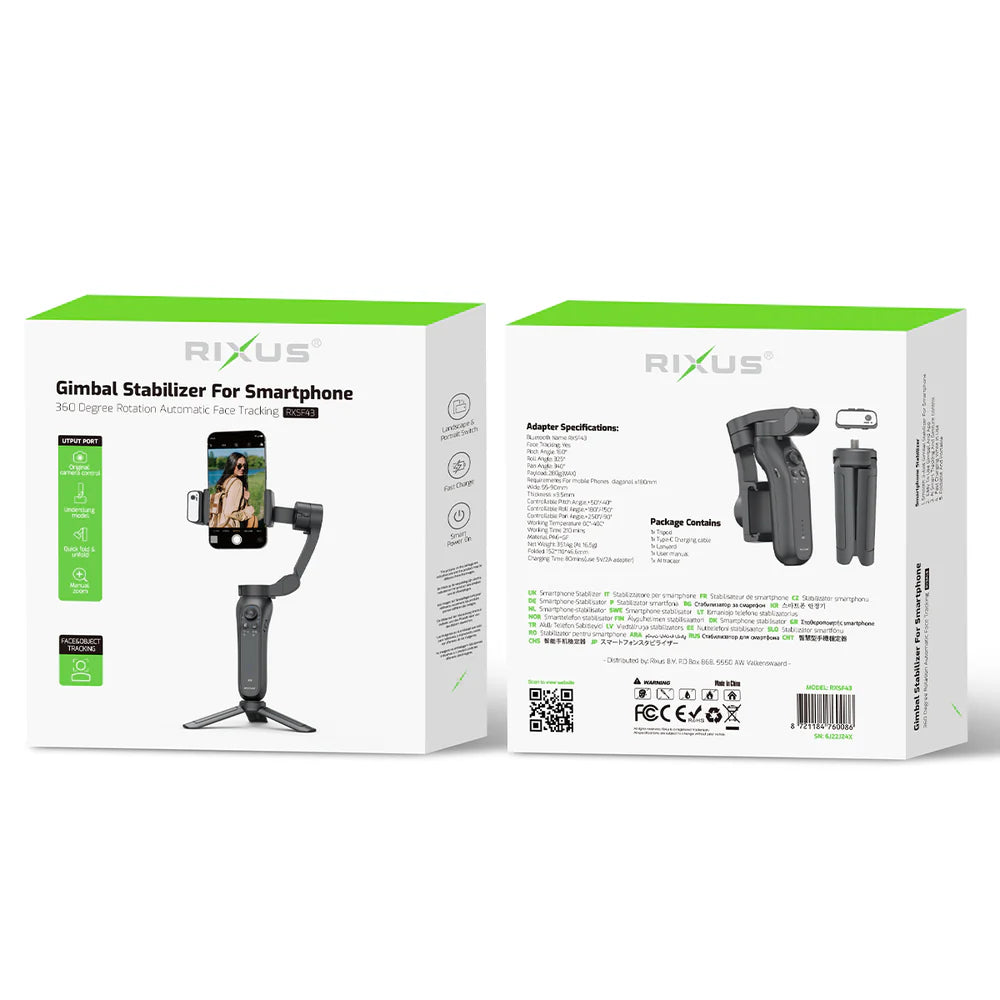 Rixus RXSF43 Gimbal-Stabilisator mit AI-Gesichtserkennung – für Vlogs, TikTok & Live-Streams