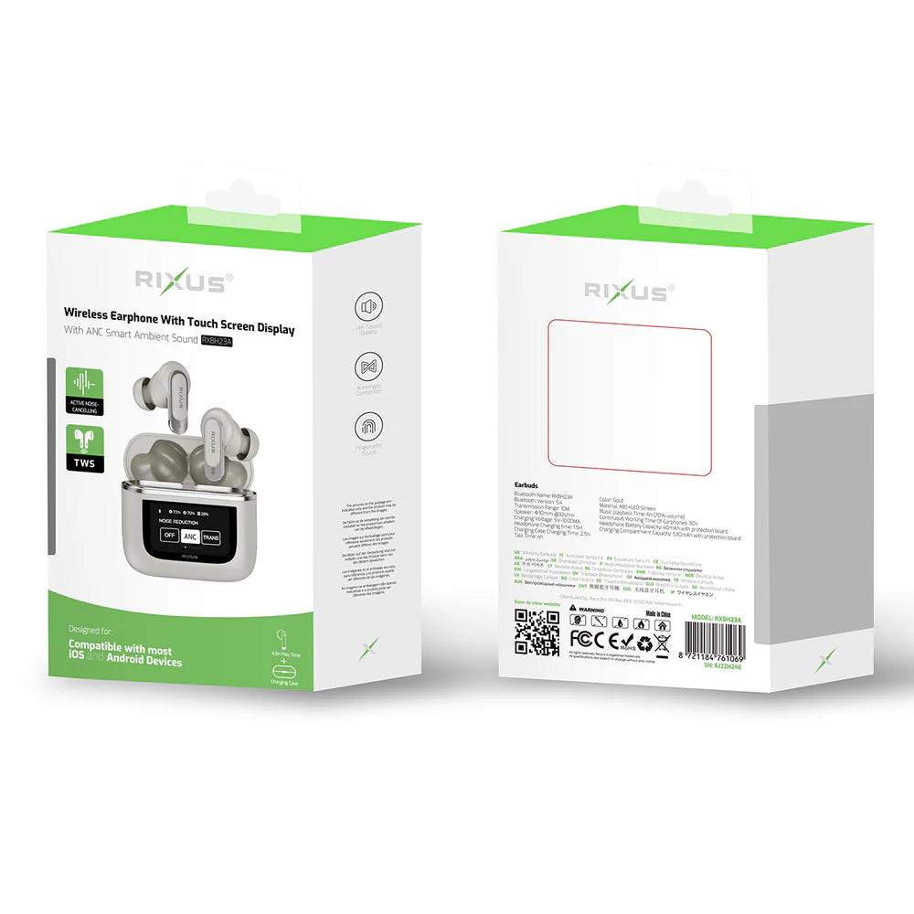 Rixus RXBH23A Wireless Travel Pro Kopfhoerer – Ladecase mit Touchscreen – Gold