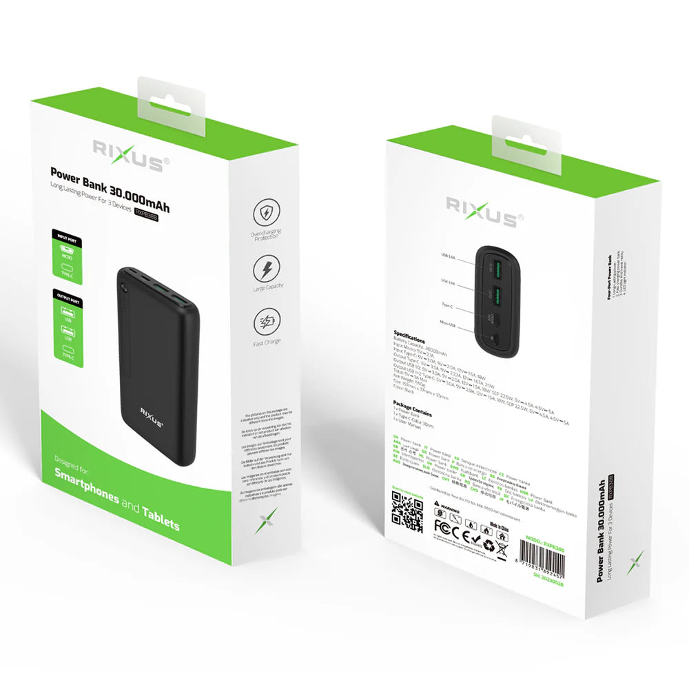 Rixus RXPB38B Powerbank 30.000mAh mit 20W Schnellladefunktion
