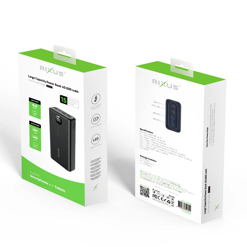 Rixus RXPB40 40.000mAh Hochkapazitäts-Powerbank mit Digitalanzeige