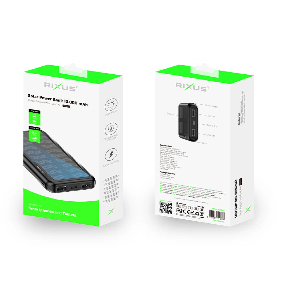 Rixus RXPB45 Solar Powerbank 10.000 mAh – Solarbetriebene Powerbank