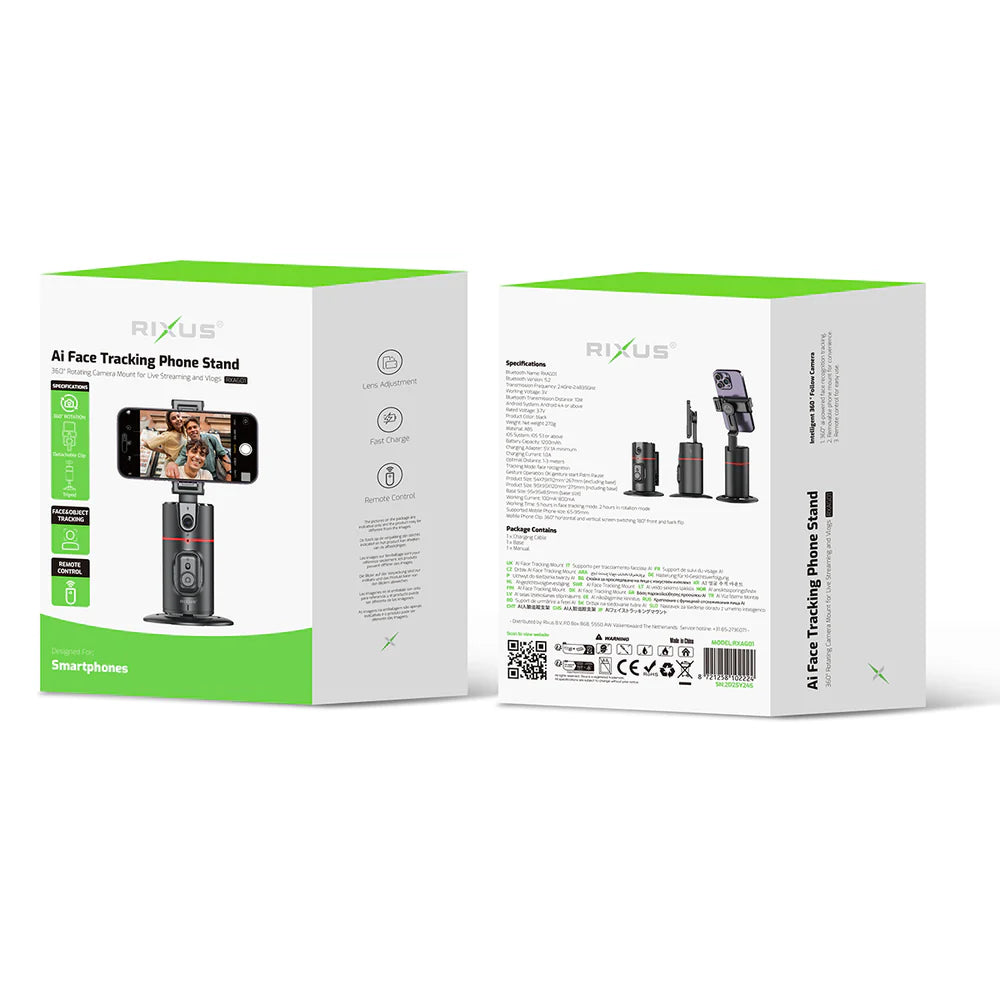 Rixus RXAG01 KI-Gestützte Gesichtsverfolgung Handyhalterung – 360° drehbar, für Vlogs & TikTok