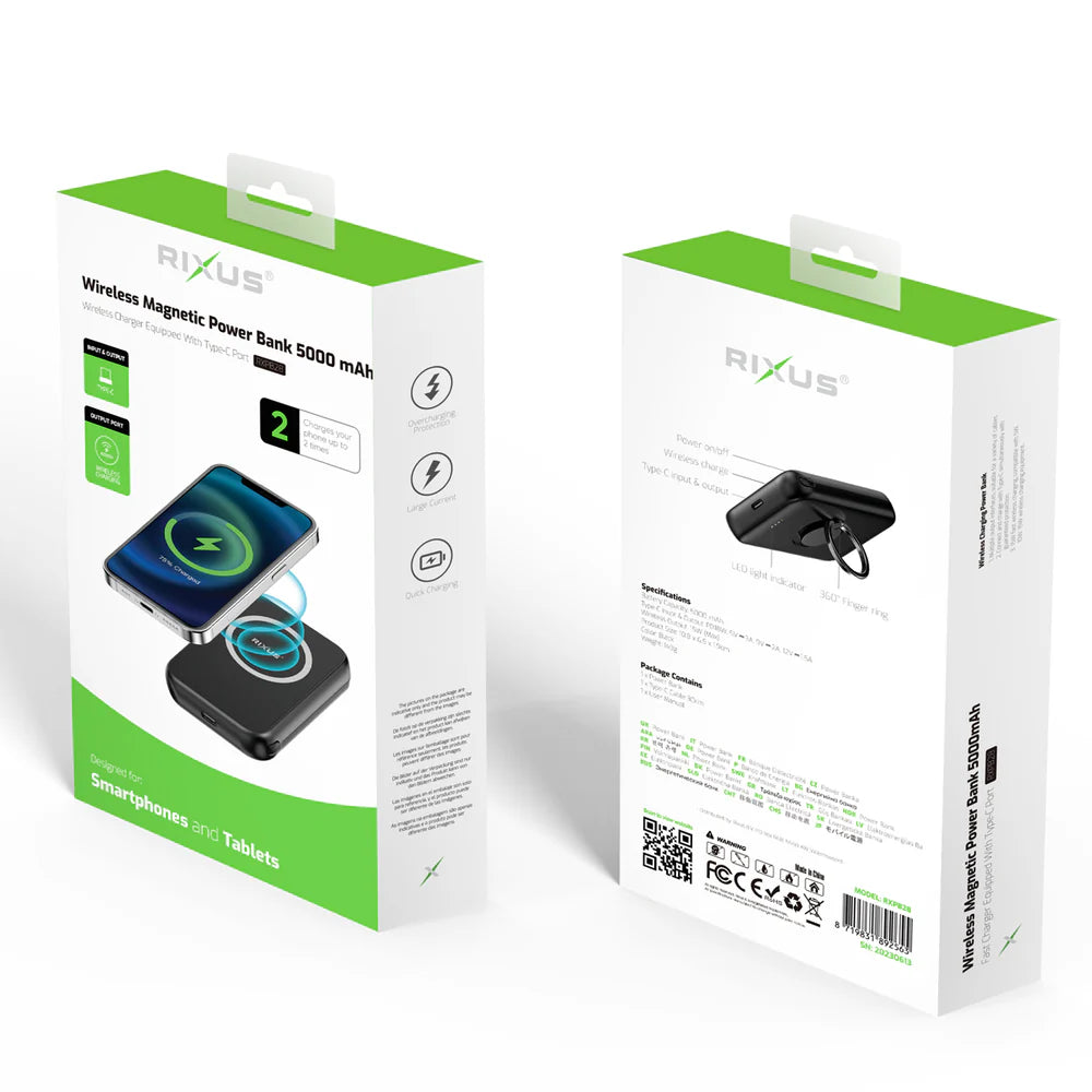 Rixus RXPB28 5000 mAh Magnetische Kabellose Powerbank – Type-C + Fingerring