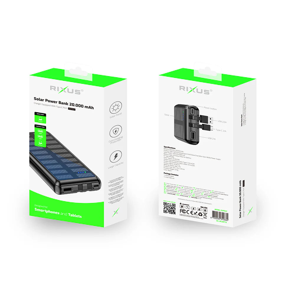 Rixus RXPB47 Solar Powerbank 20.000 mAh – Integrierte USB & Typ-C Kabel