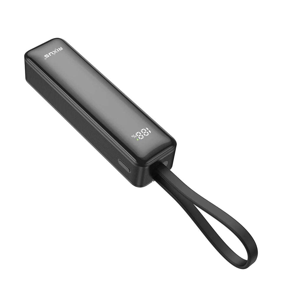 Rixus RXPB03B 5000 mAh Powerbank mit Digitalanzeige – Integriertes Typ-C-Kabel und Trageschlaufe