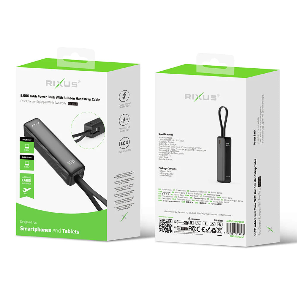 Rixus RXPB03B 5000 mAh Powerbank mit Digitalanzeige – Integriertes Typ-C-Kabel und Trageschlaufe