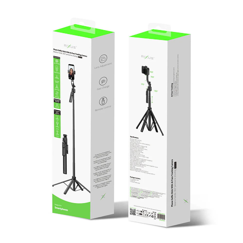 Rixus RXSF55 Selfie-Stick mit KI-Gesichtserkennung – Schwarz