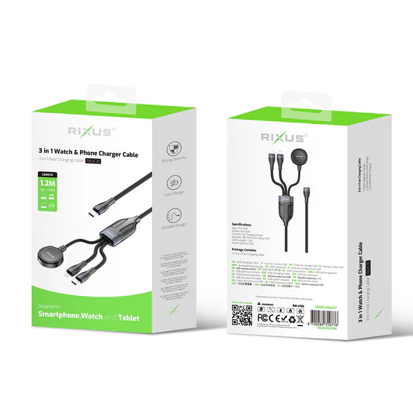 Rixus RXUC31 3-in-1 Ladegerät-Kabel für Smartphone und Smartwatch – 120CM Schwarz