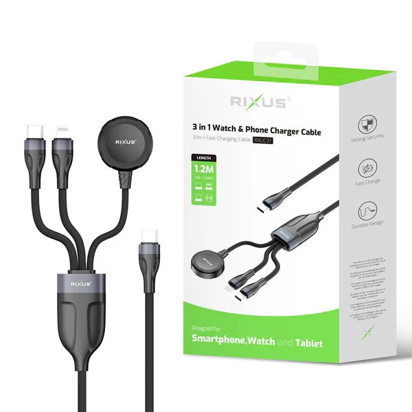 Rixus RXUC31 3-in-1 Ladegerät-Kabel für Smartphone und Smartwatch – 120CM Schwarz