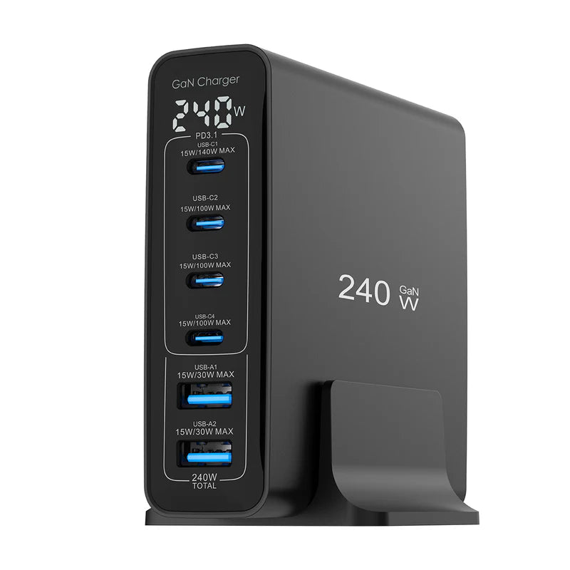 GaN 240W Ladegeraet – Mit Digitalanzeige & 6 USB-Anschlüssen, Schwarz
