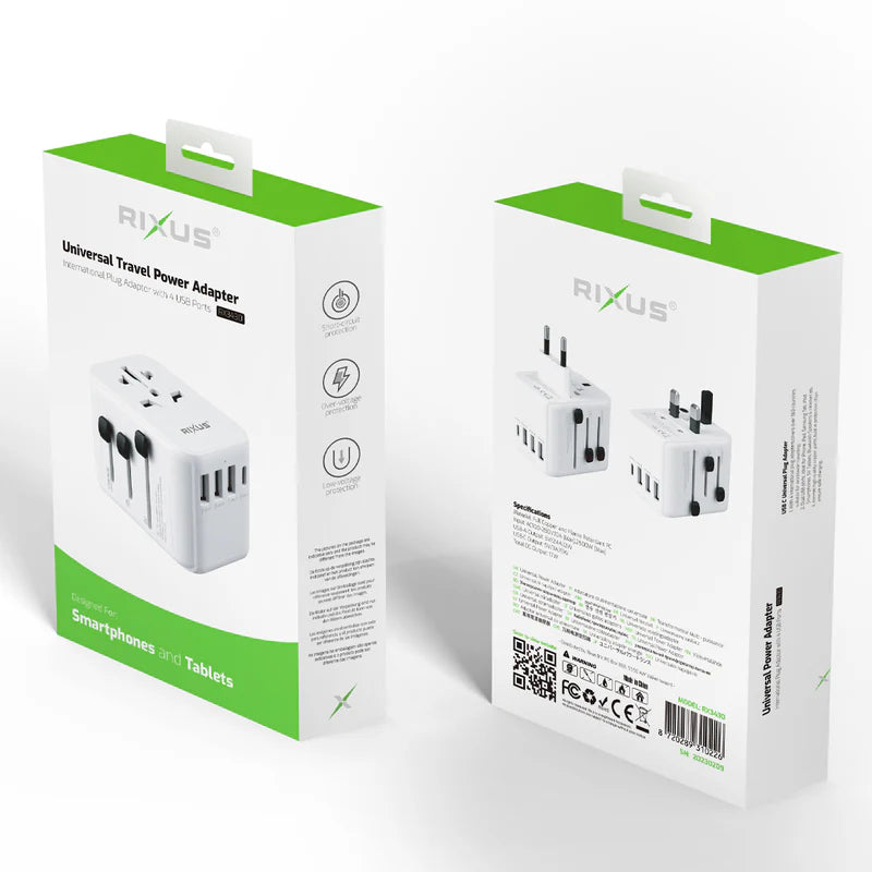 Rixus Universeller Reiseadapter Travel Reise Adapter USB-A & USB-C PD für 150+ Länder – Weiss