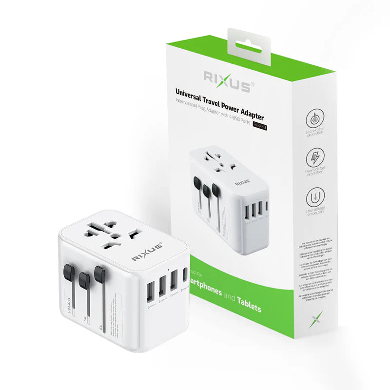 Rixus Universeller Reiseadapter Travel Reise Adapter USB-A & USB-C PD für 150+ Länder – Weiss