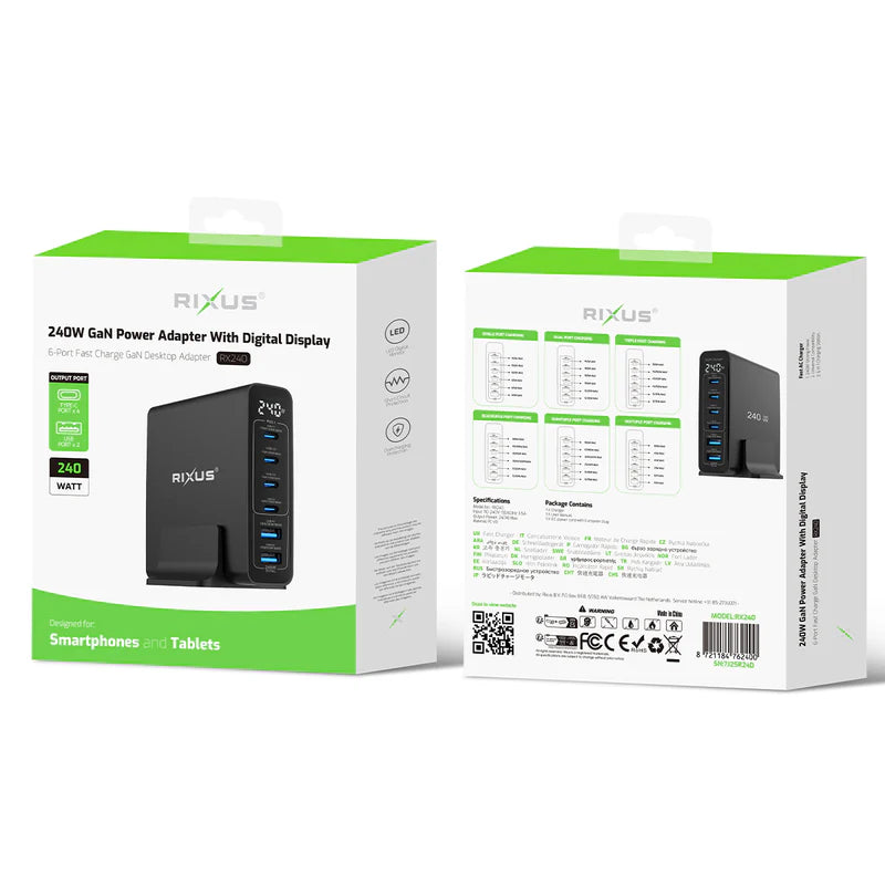 GaN 240W Ladegeraet – Mit Digitalanzeige & 6 USB-Anschlüssen, Schwarz