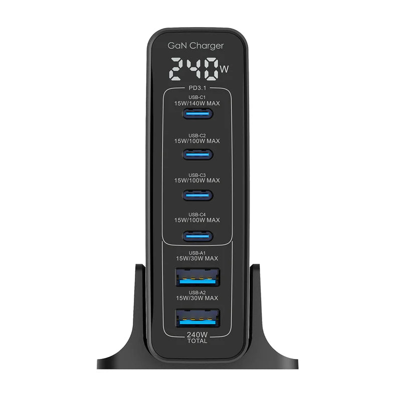 GaN 240W Ladegeraet – Mit Digitalanzeige & 6 USB-Anschlüssen, Schwarz