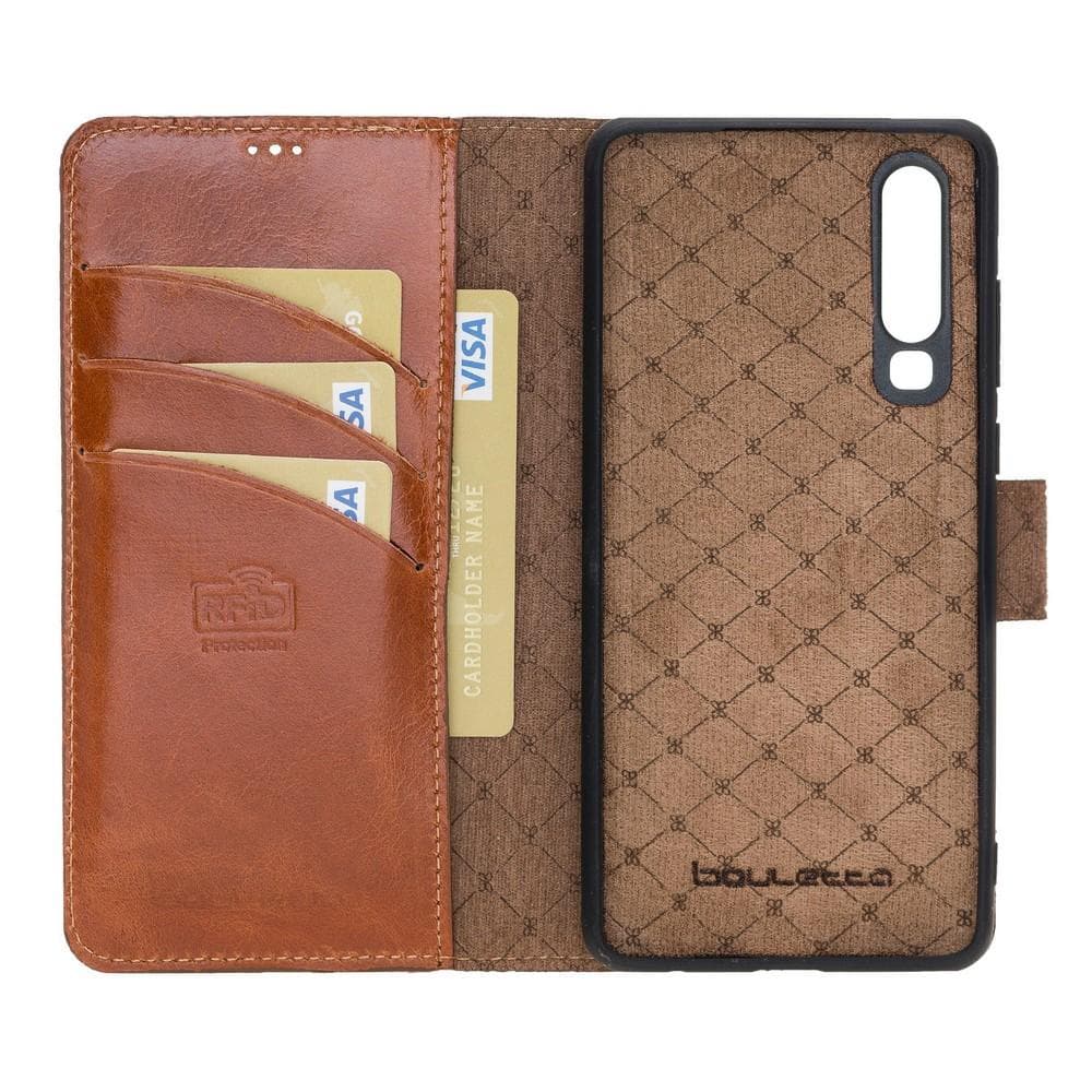 Phone Case Magnetic Detachable Leather Wallet Case with RFID Blocker for Huawei P30 - Rustic Tan with Effect Bouletta Shop