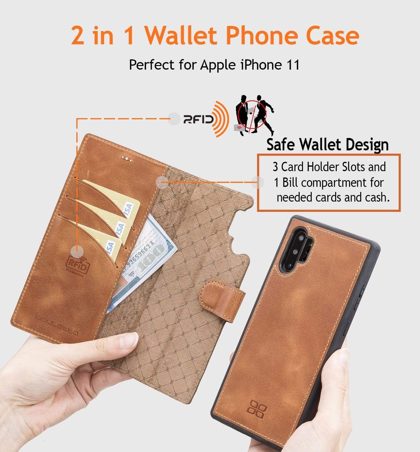 Phone Case Magnetic Detachable Leather Wallet Case with RFID Blocker for Samsung Note 10 Plus - Rustic Tan with Effect Bouletta Shop