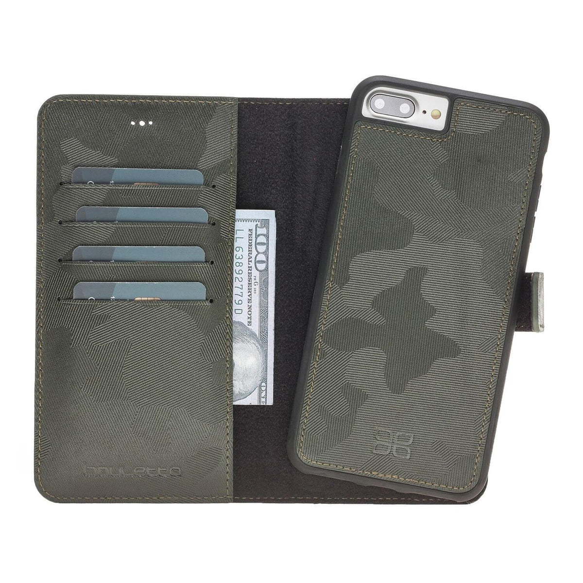 Wallet Case Magnetic Detachable Leather Wallet Case for Apple iPhone 7/8 Plus- Camouflage Green Bouletta Case
