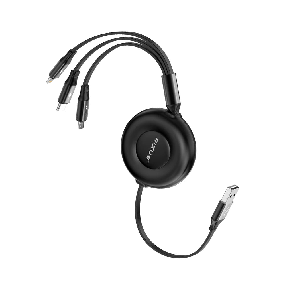 Rixus RXUC25 3-in-1 Ausziehbares Schnellladekabel – Schwarz (1,1 m)