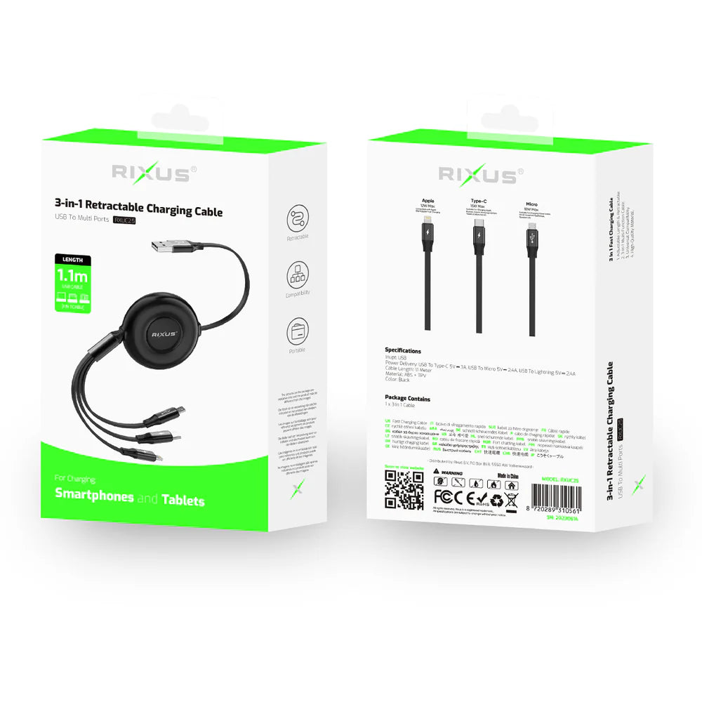 Rixus RXUC25 3-in-1 Ausziehbares Schnellladekabel – Schwarz (1,1 m)