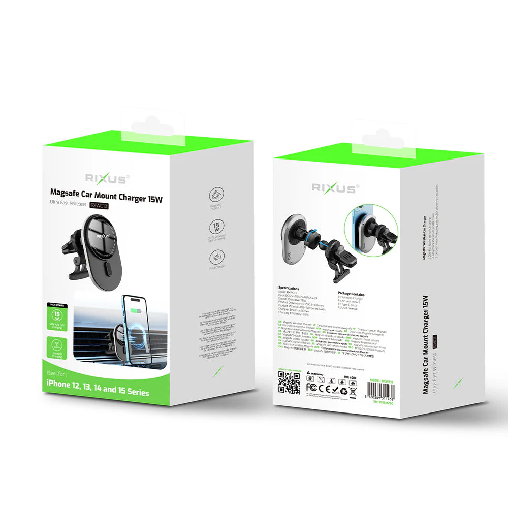 RixusRXWC13 Kabelloses Autoladegerät, MagSafe-Kompatibilität, 15 W, Space Grau