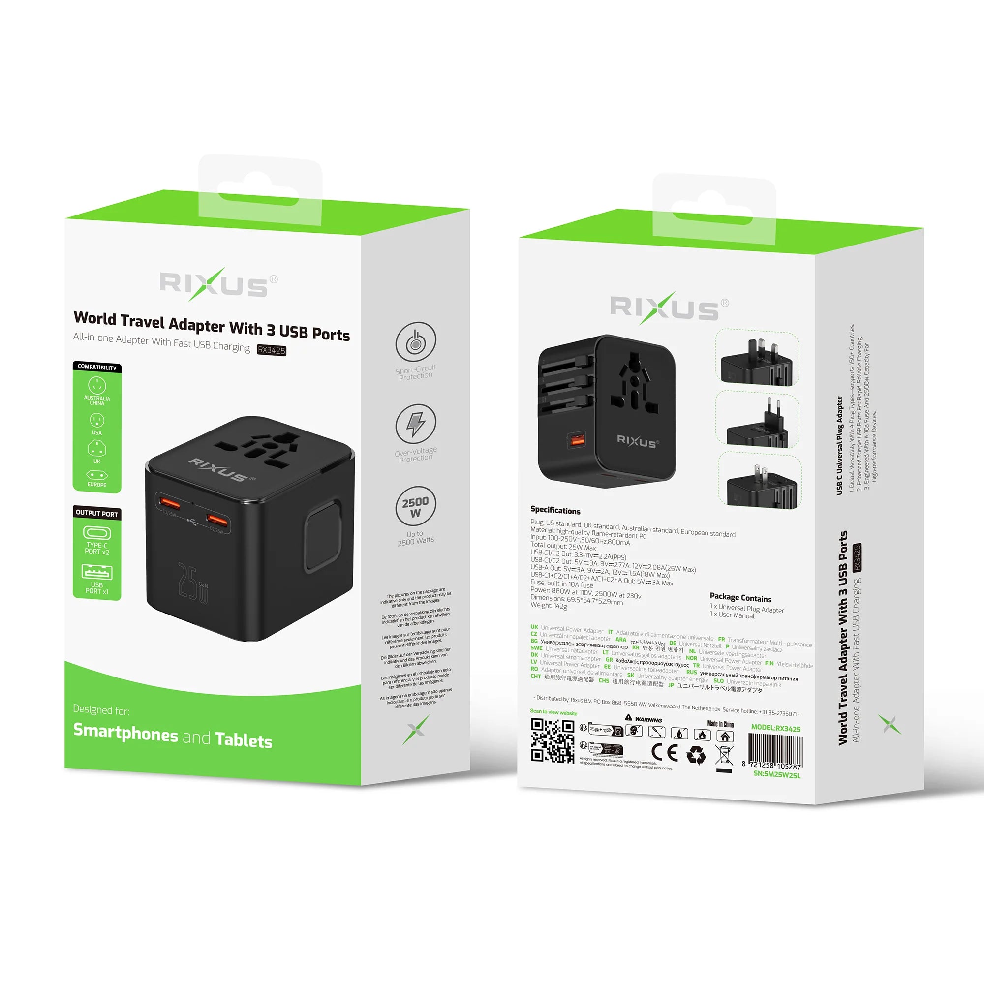 Universeller Reiseadapter Travel Reise 25W Adapter USB-A & USB-C PD für 150+ Länder – Schwarz
