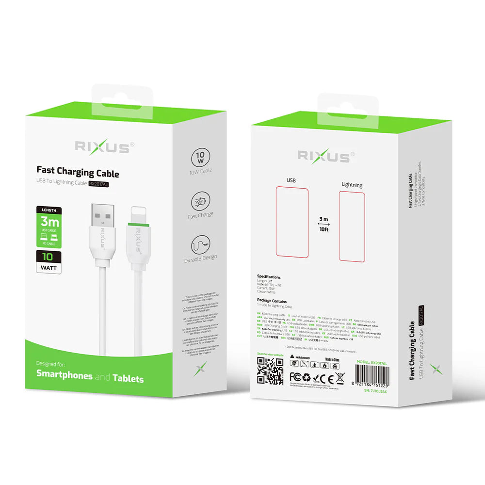 Rixus RX2017AL Daten- und Schnellladekabel USB auf Lightning 300cm