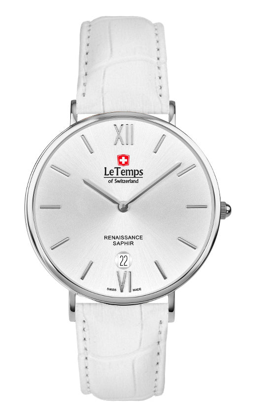 Renaissance Unisex Uhr mit weißem Lederarmband – Saphirglas