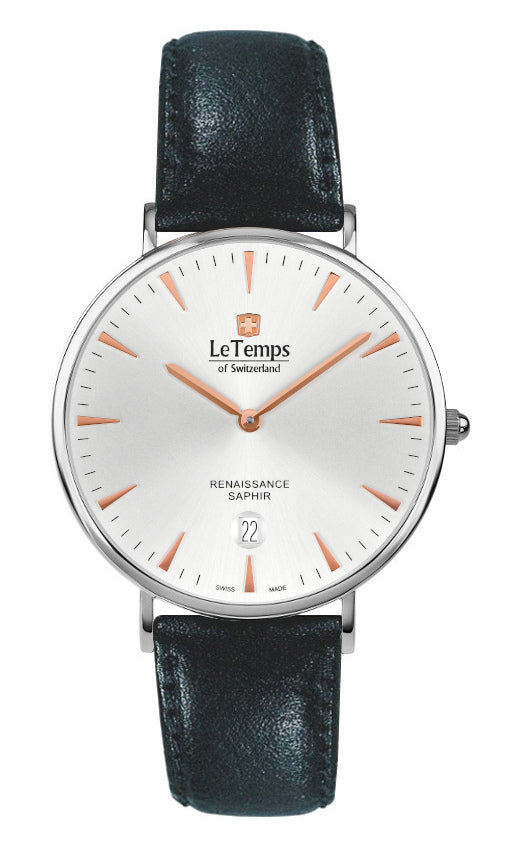Renaissance Unisex Uhr mit schwarzem Lederarmband – Saphirglas