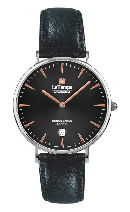 Renaissance Unisex Uhr mit schwarzem Lederarmband – Saphirglas