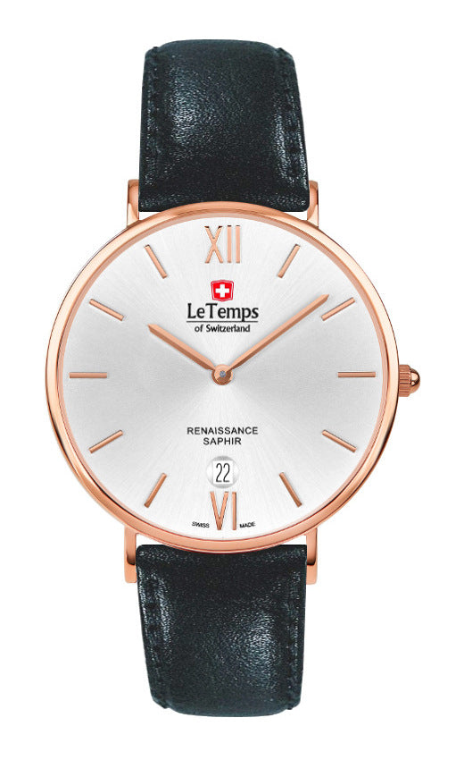 Renaissance Unisex Uhr mit schwarzem Lederarmband – Saphirglas