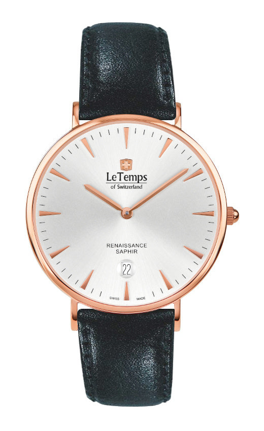 Renaissance Unisex Uhr mit schwarzem Lederarmband – Saphirglas