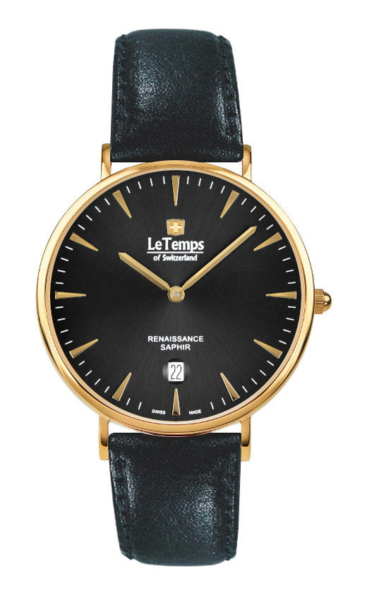 Renaissance Unisex Uhr mit schwarzem Lederarmband – Saphirglas