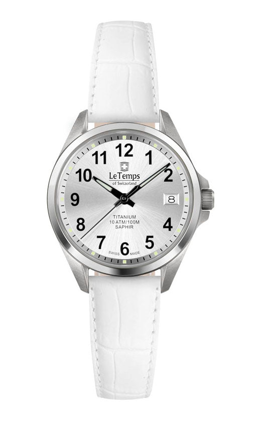 Titanium Lady Damenuhr mit weißem Lederarmband – Saphirglas