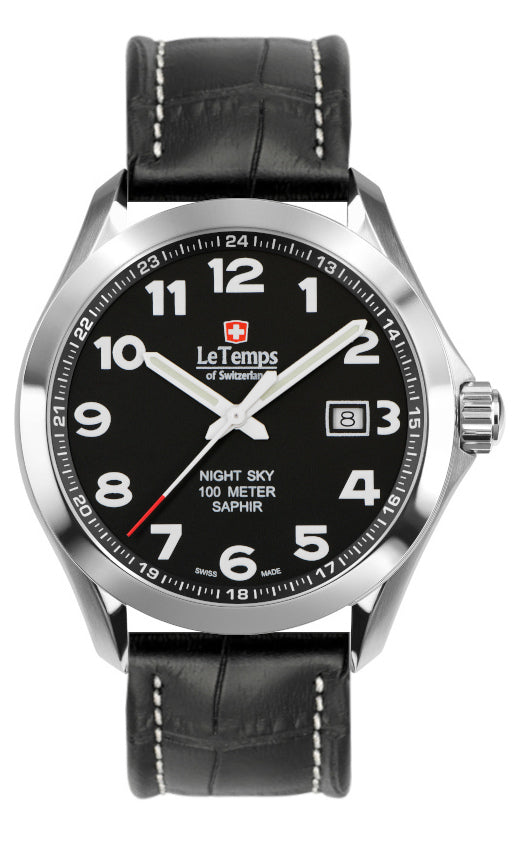 Sport Elegance Gent 43 Herrenuhr mit schwarzem Lederarmband – Saphirglas