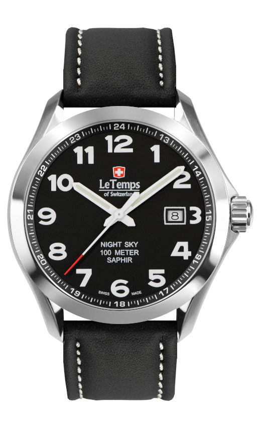 Sport Elegance Gent 43 Herrenuhr mit schwarzem Lederarmband – Saphirglas
