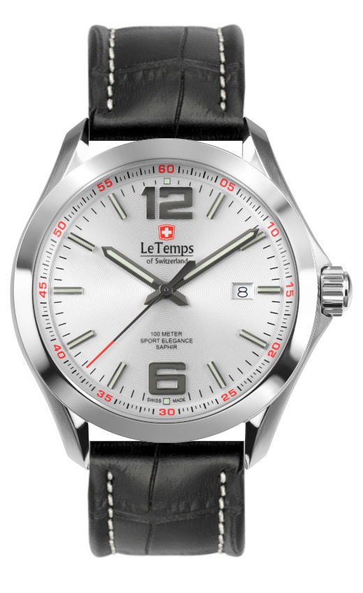 Sport Elegance Gent 43 Herrenuhr mit schwarzem Lederarmband – Saphirglas