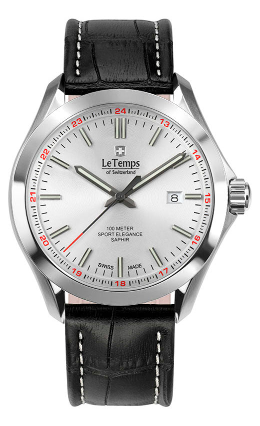 Sport Elegance Gent 43 Herrenuhr mit schwarzem Lederarmband – Saphirglas