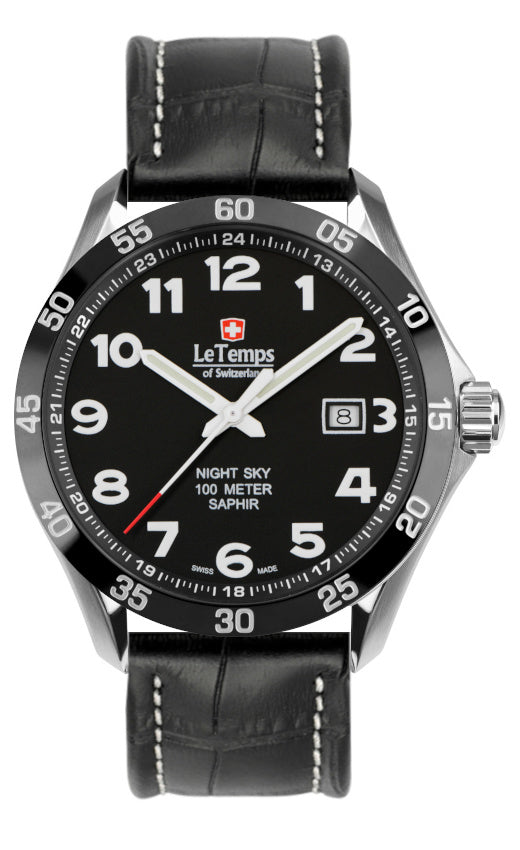 Sport Elegance Gent 43 Herrenuhr mit schwarzem Lederarmband – Saphirglas